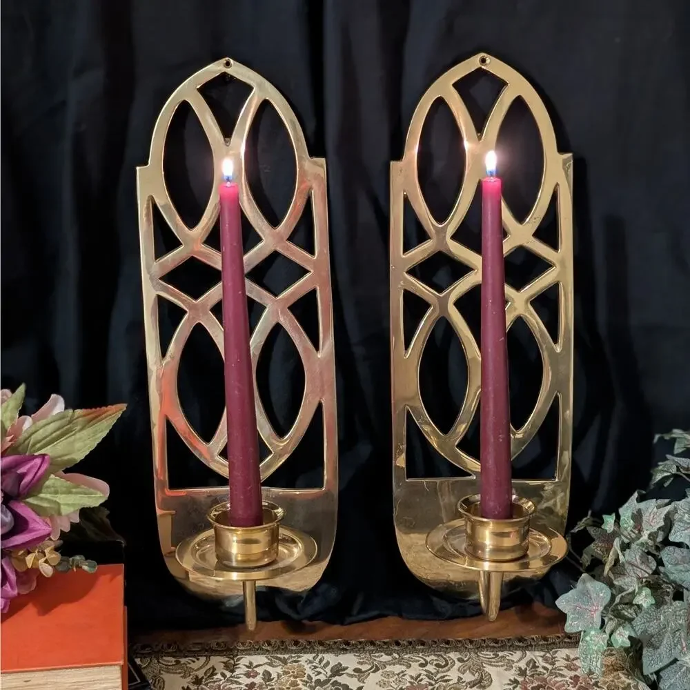 Vintage Solid Brass Wall Sconce Pair Art Deco Geometric Statement Candle Holders